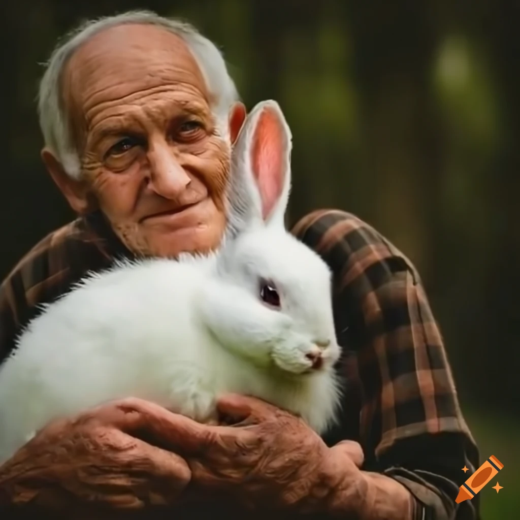 Elderly man holding a white rabbit with a smile, in countryside, very detailed, bookcover, 16k, fullhd on Craiyon