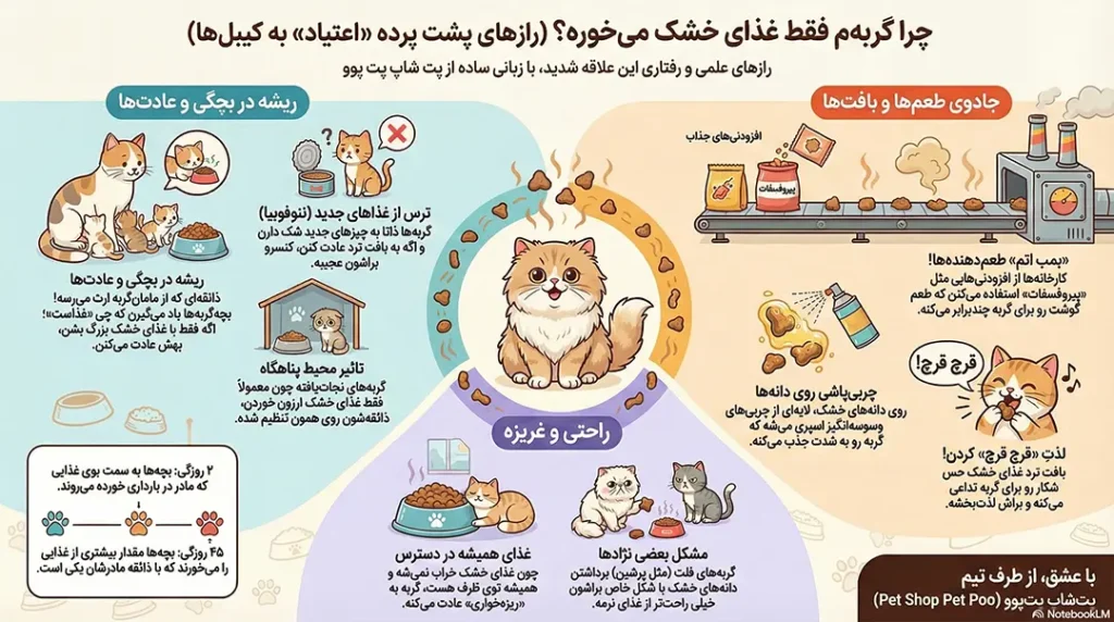 چرا بعضی گربه ها فقط غذای خشک میخورند؟ 3 petpoo infographic why do some cats only eat dry food